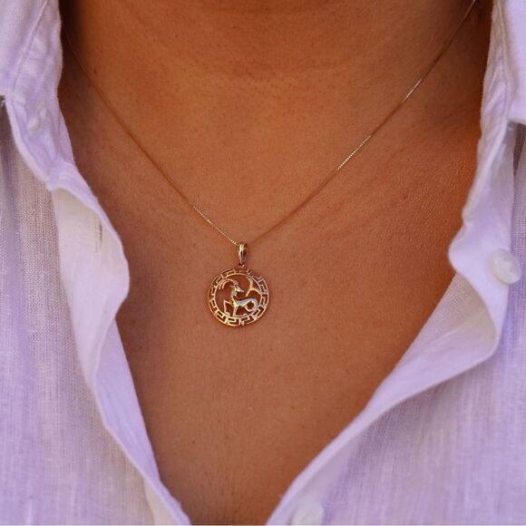 14K Solid Gold Round Capricorn Zodiac Sign Charm | Elegant Astrology Pendant | - Picture 6 of 13